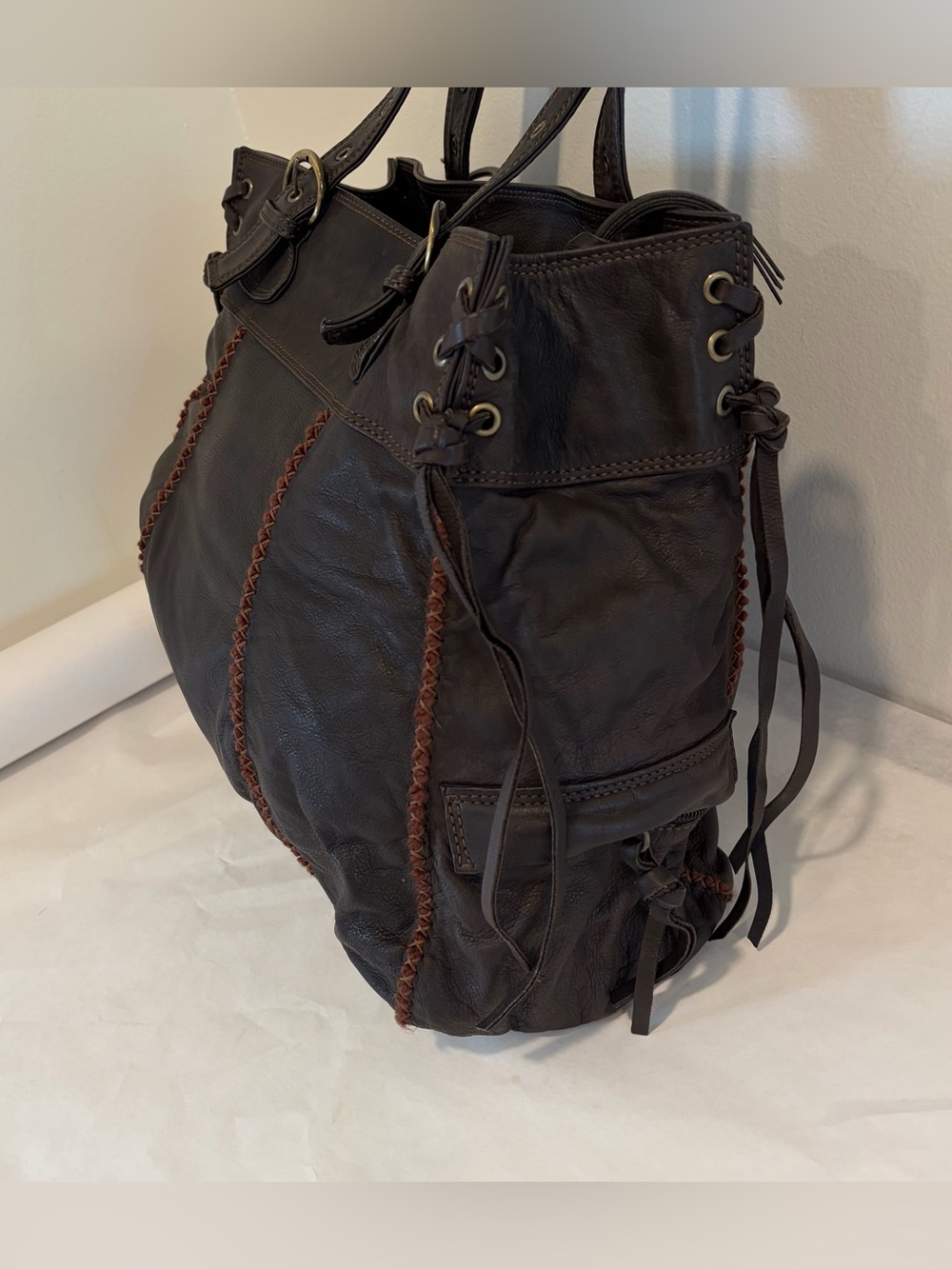Nicoli Brown italian Leather oversized hobo fringe purse handbag shoulder bag - Picture 7 of 13